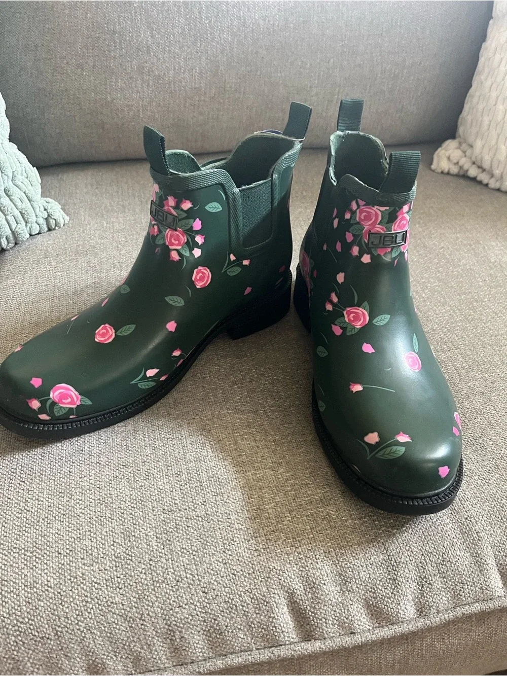JBU Women's Dark Green Floral Waterproof Chelsea Rain Boots